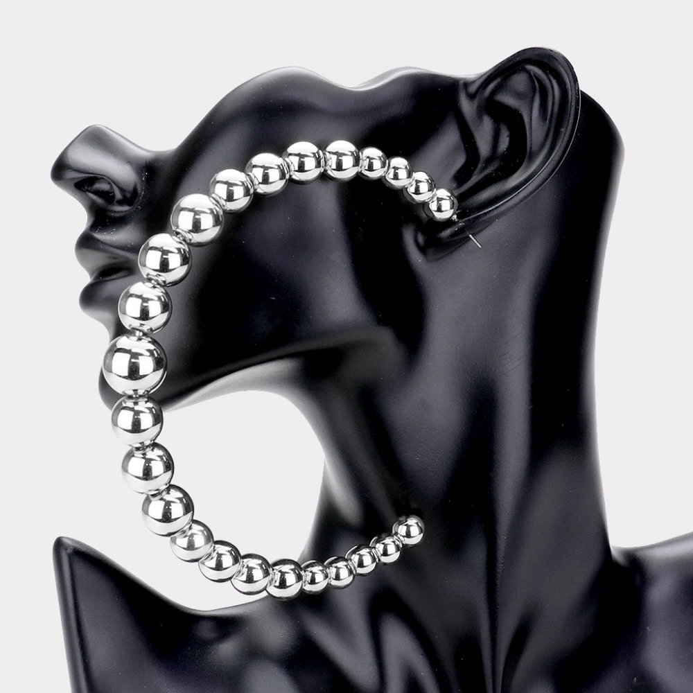 Silver Ball Metal Hoop Earrings 4" Oversized Beaded Jewelry Half Round